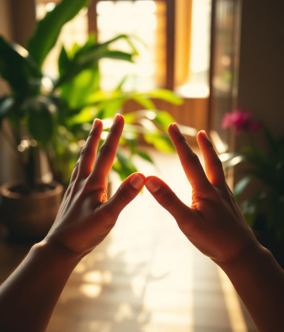 Mãos em anjali mudra sob luz dourada
